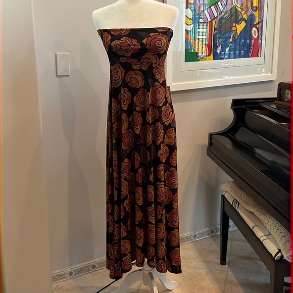 LuLaRoe Black Strapless Maxi Dress with a purple and Orange Floral Pattern